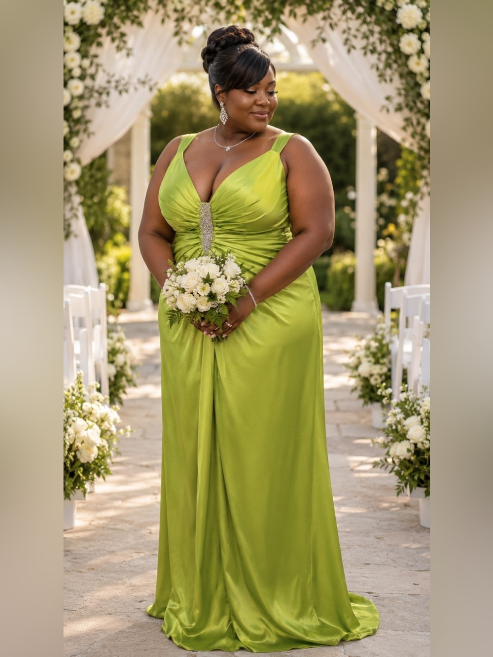 Plus-Size Lime Green Satin Evening Prom Gown with Embellished Bodice Sleeveless
